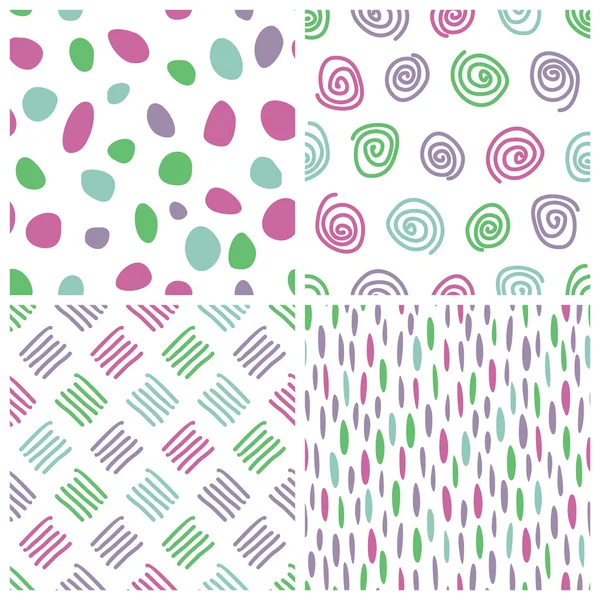 Seamless backgrounds with dots, spots, spirals, touches, dash, sticks — Stock Vector