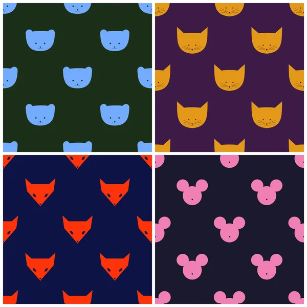 Conjunto de cuatro fondos sin costura con gato, zorro, oso, ratón — Vector de stock