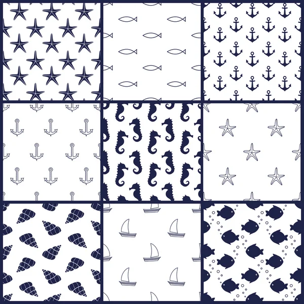 Navy vector seamless patterns set: anchor, starfish, fish, seahorse, sailboat, shell — Stock Vector