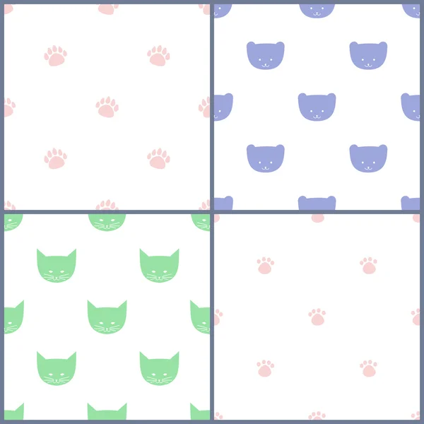 Set of seamless backgrounds with cat, bear and traces — Stock Vector