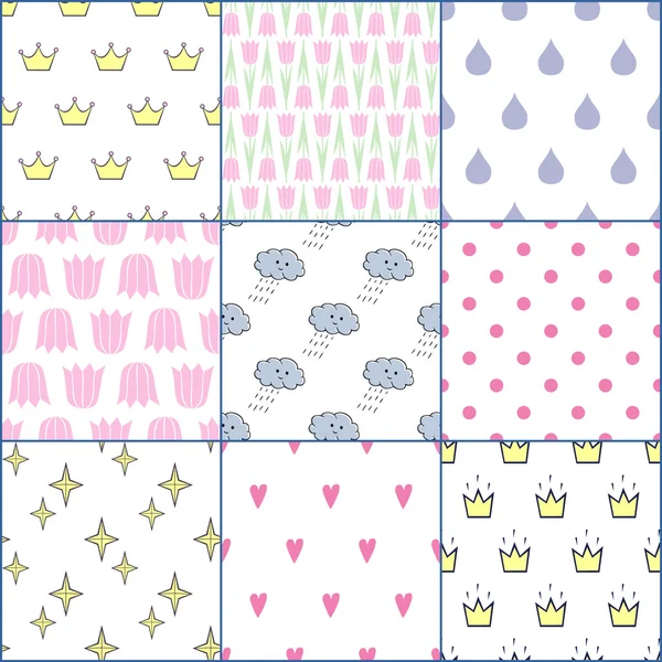 Vector seamless patterns set: crowns, drops, hearts, flowers, clouds, tulips, stars — Stock Vector