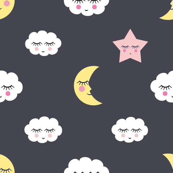 Seamless pattern with sleeping night star, clouds and moon for kids holidays — Stock Vector