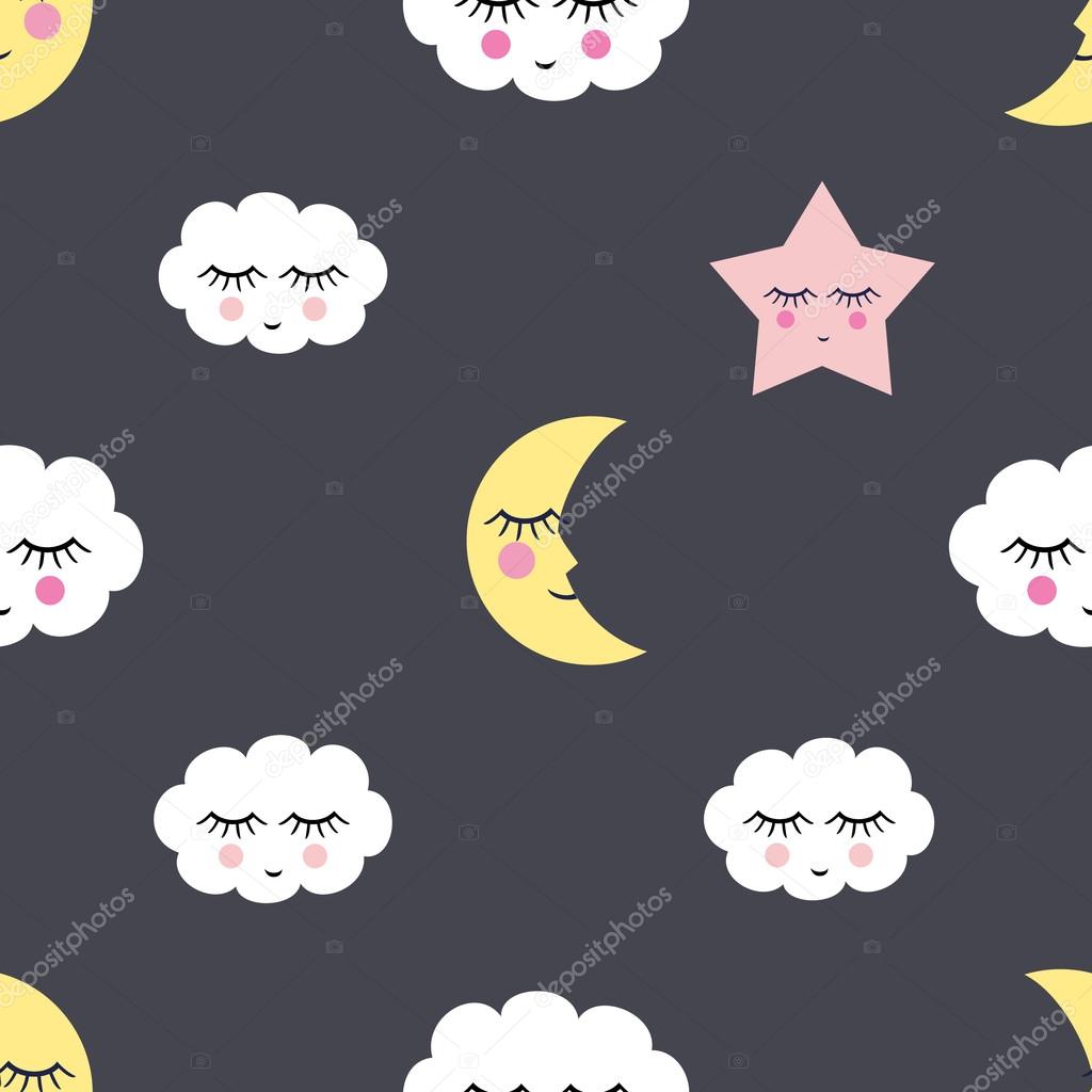 Seamless pattern with sleeping night star, clouds and moon for kids holidays