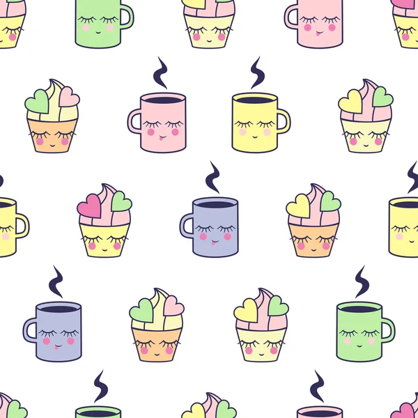 Patrón sin costuras con lindas tazas sonrientes y cupcakes — Archivo Imágenes Vectoriales