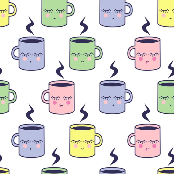 Modèle sans couture avec de jolies tasses de couchage souriantes — Image vectorielle