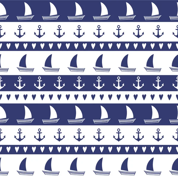 Navy vector seamless pattern: anchor, sailboat, heart — Stock Vector