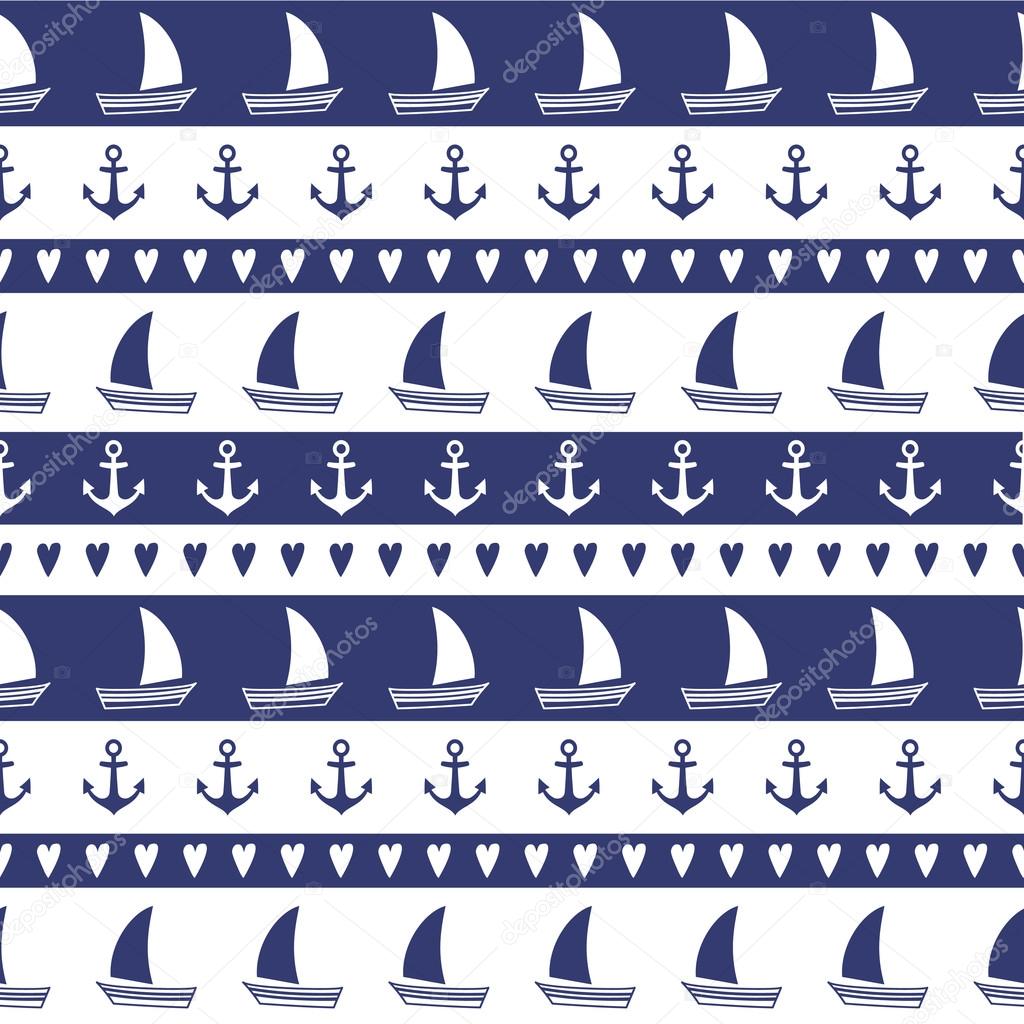 Navy vector seamless pattern: anchor, sailboat, heart