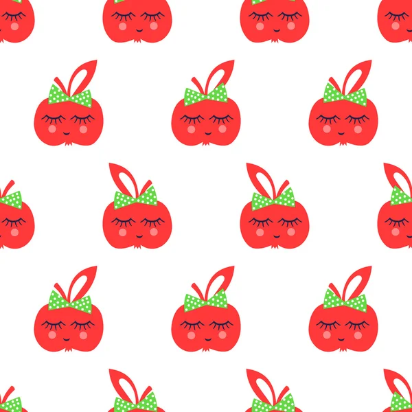Бесшовный рисунок с красными улыбающимися яблоками для детских праздников — стоковый вектор