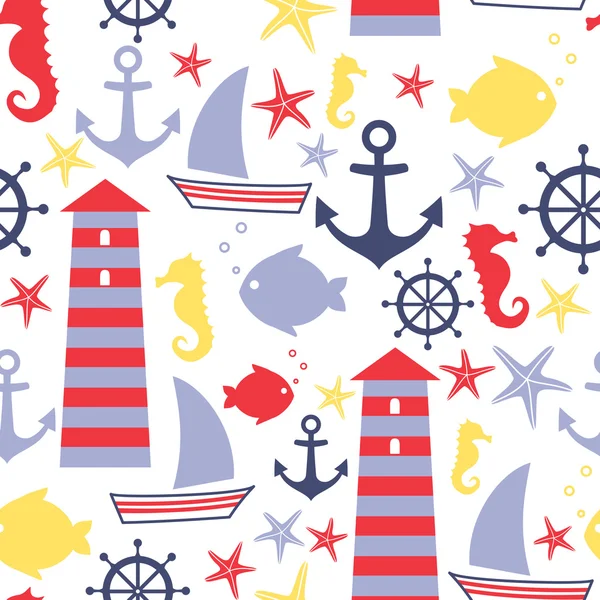 Varrat nélküli tenger minta: vitorlás hajó, világítótorony, hal, horgony, csikóhal — Stock Vector