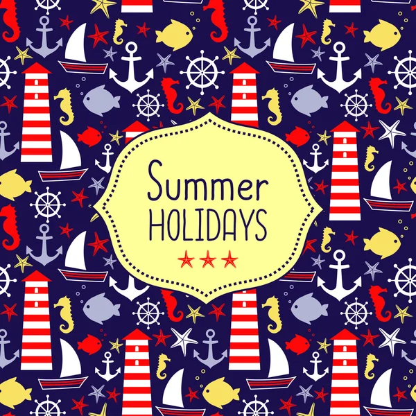 夏休みのかわいいベクトル カード。シームレスな海の海軍ベクトル パターン — ストックベクタ