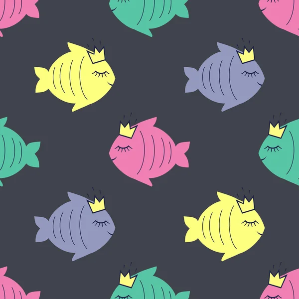 Modèle sans couture avec des poissons souriants dormant pour les vacances des enfants — Image vectorielle