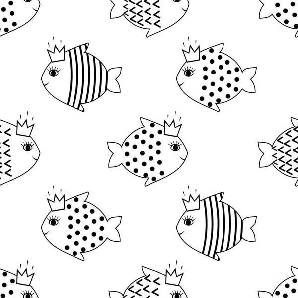 Mignon fond vectoriel de douche bébé avec des poissons. Illustration de style dessin enfant noir et blanc — Image vectorielle