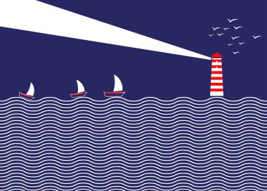 Deniz feneri ve gemi basit Illustration. Bir deniz feneri gökyüzüne geceleri yanar..