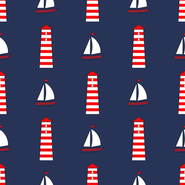 かわいい航海の背景。海軍ベクトル シームレスな海パターン: ヨット、灯台. — ストックベクタ