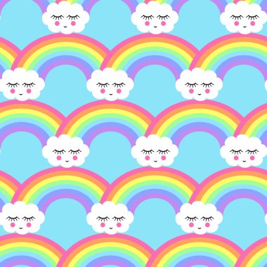 Uyuyan bulutlar ve gökkuşakları gülümseyen çocuklar tatil, tekstil, iç tasarım, kitap tasarımı, Web siteleri için seamless modeli
