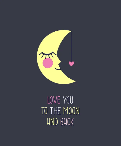 Tarjeta de amor con luna y corazón. Te quiero a la luna y de vuelta . — Vector de stock