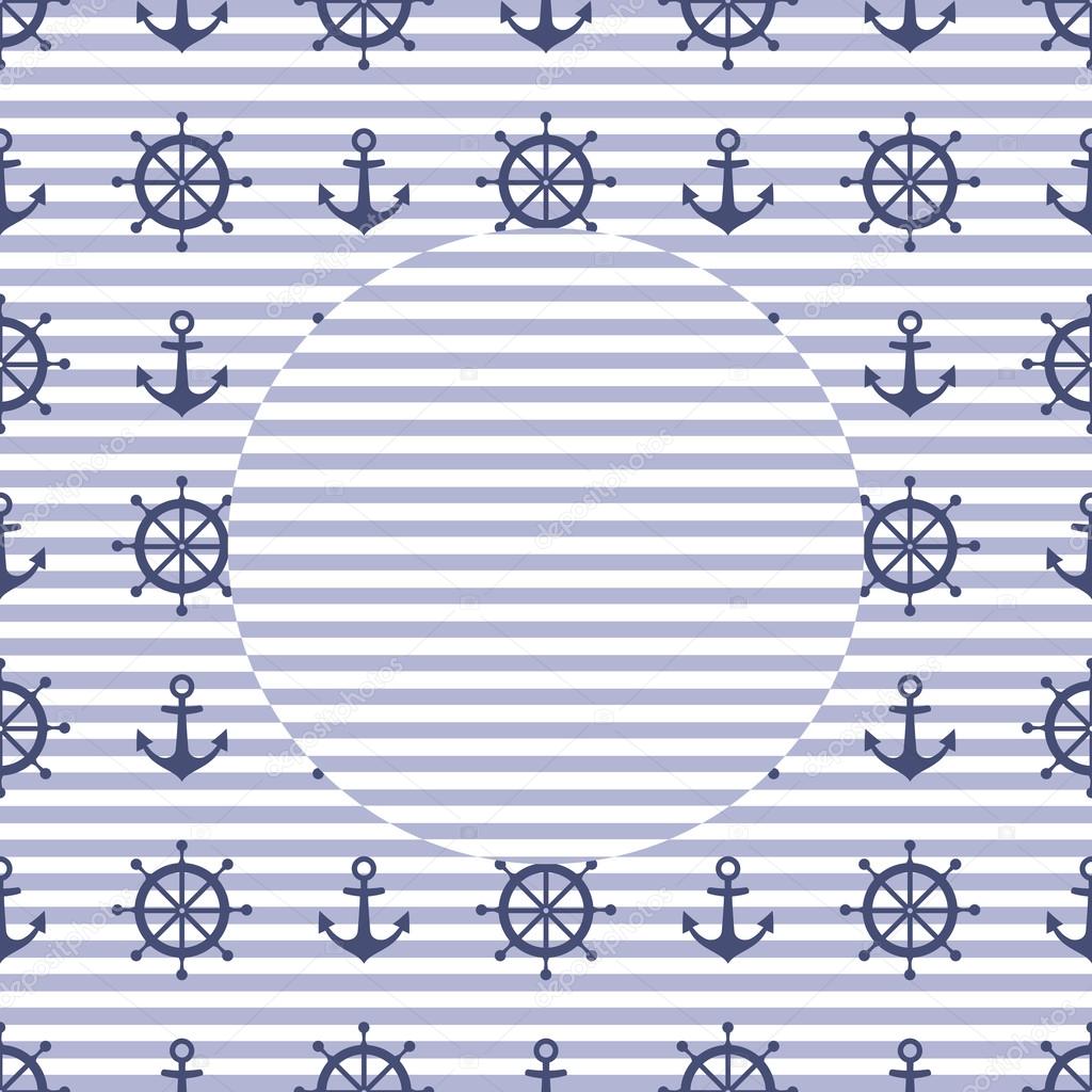 Navy vector card: anchor and steering wheel. Cute nautical background