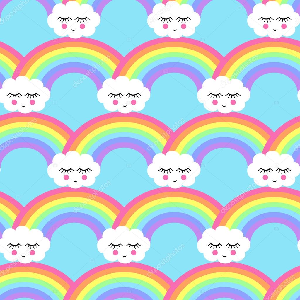 Seamless pattern with smiling sleeping clouds and rainbows for kids holidays, textiles, interior design, book design, websites