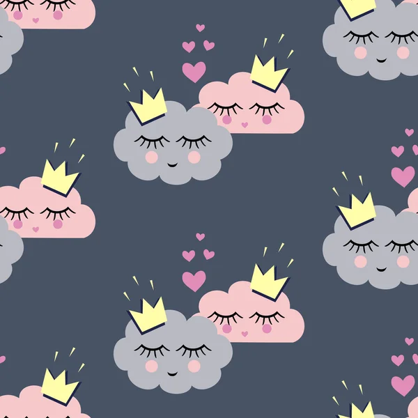 Seamless pattern with smiling sleeping clouds in love for holidays — Stock Vector