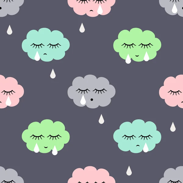 Seamless pattern with sad crying clouds and drops. — Stock Vector