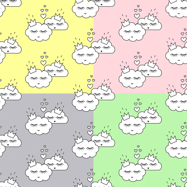 Ensemble de motifs sans couture avec des nuages de sommeil souriants en amour pour les vacances des enfants — Image vectorielle