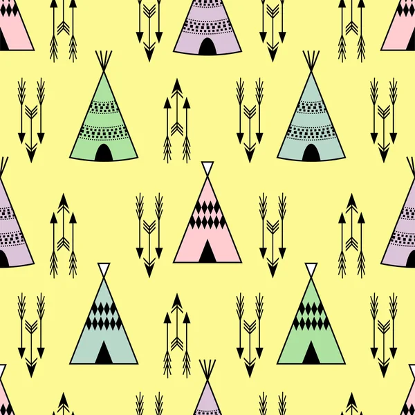 Niños sin costuras wigwam ilustración con flechas. Lindo indio patrón de fondo colorido — Vector de stock