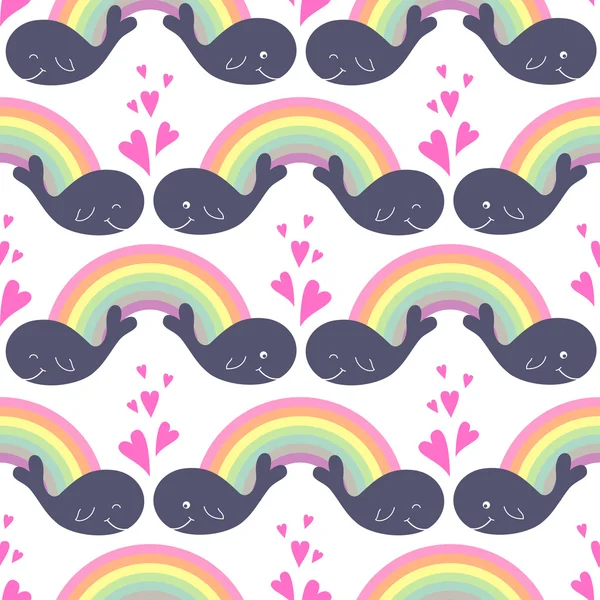 Cute seamless pattern with cartoon whales in love and rainbows. Vector illustration. — Stock Vector