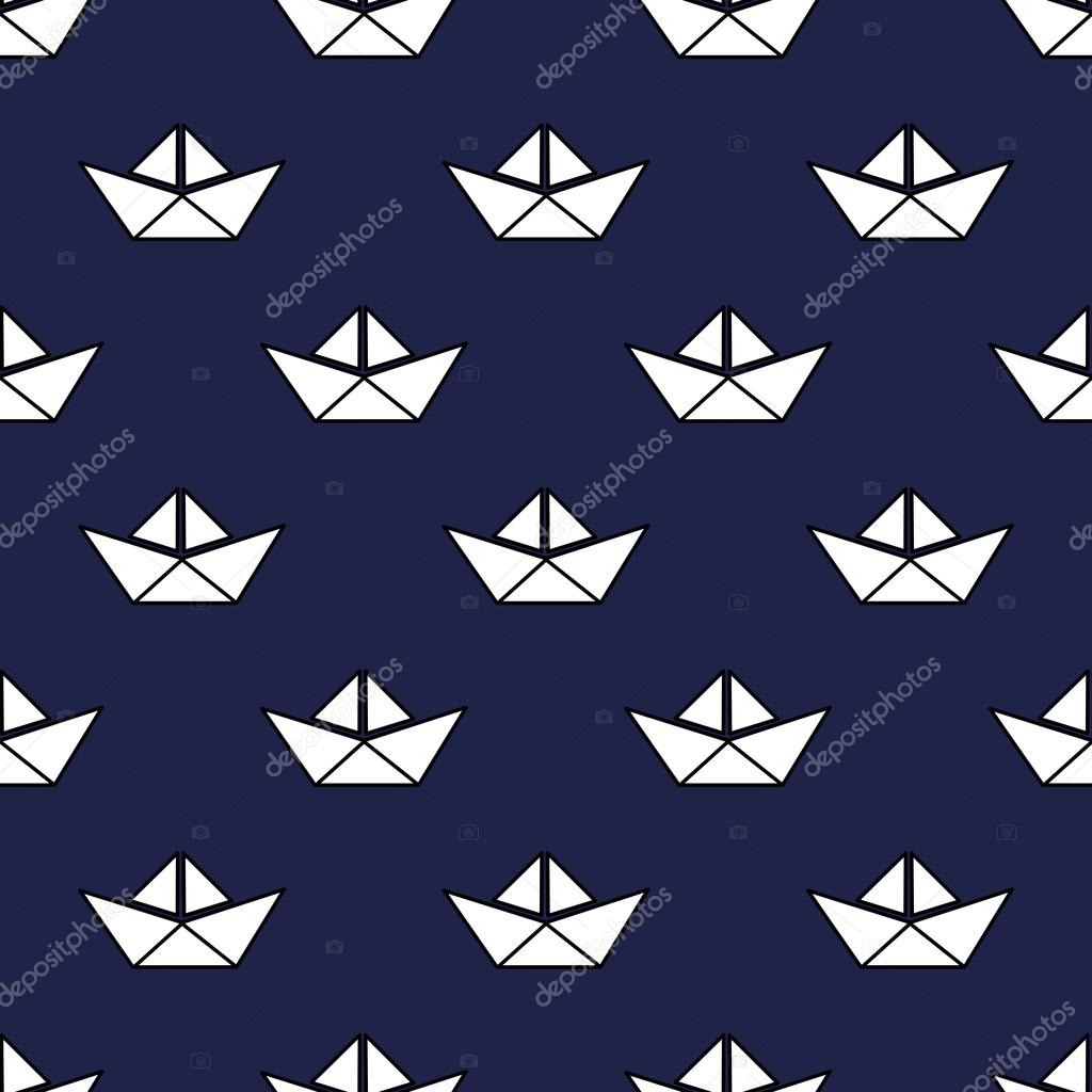 Seamless nautical pattern with white paper boats. Cute origami ship background.