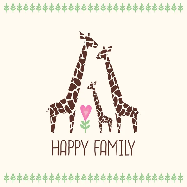 Tarjeta de familia feliz. Lindo jirafas ilustración de la familia. Animales de la selva con plantas tropicales print . — Vector de stock