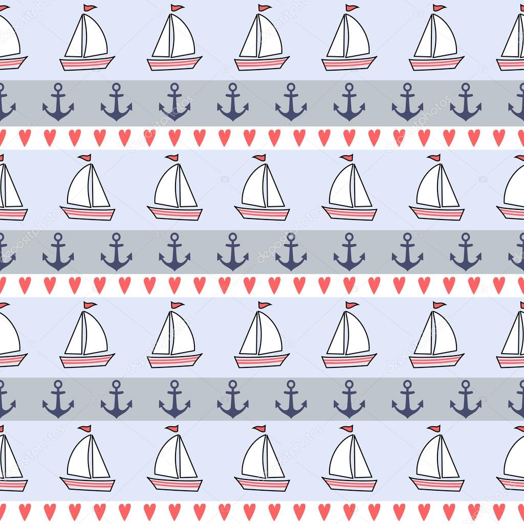 Cute nautical background. Navy vector seamless pattern: anchor, sailboat, heart.