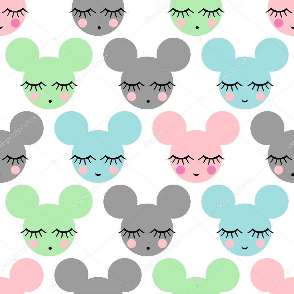 Seamless pattern with smiling sleeping mouse for kids holidays. Cute baby shower vector background.