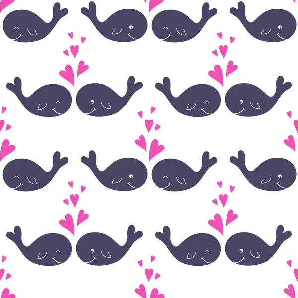 Seamless pattern with cute cartoon whales in love. Love vector illustration. — Stock Vector