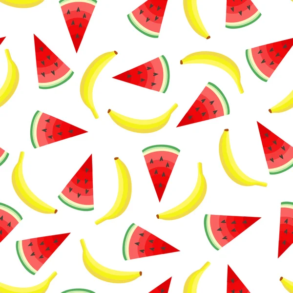 Seamless pattern with yellow bananas and juicy watermelon slices. — Stock Vector