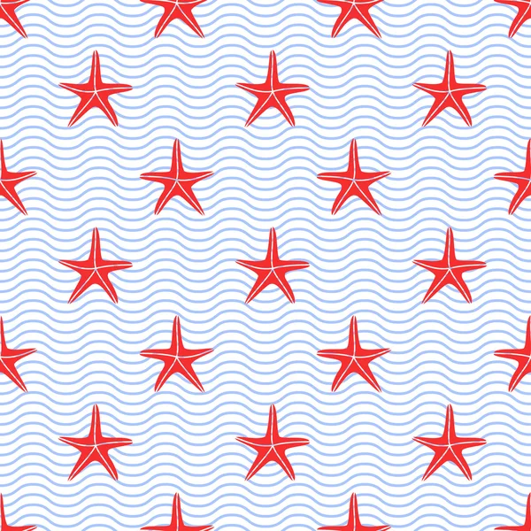 Seamless pattern with pink starfishes on stripes. Cute nautical background. Marine life Background. — Stock Vector