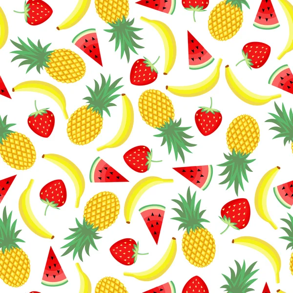 Seamless pattern with yellow bananas, pineapples and juicy strawberries. — Stock Vector