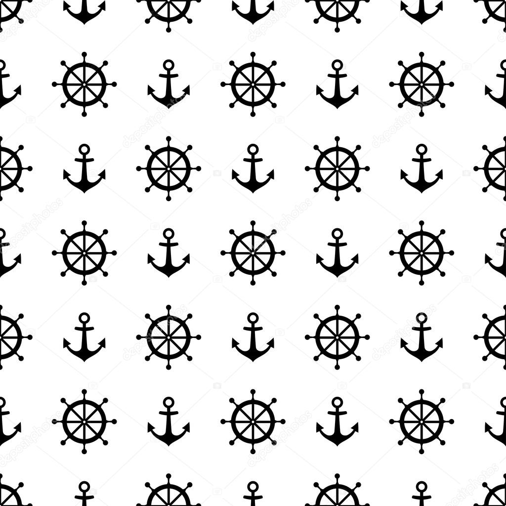 Monochrome navy vector seamless pattern: anchor and steering wheel.