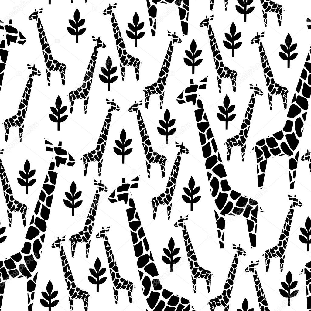 Black and white safari animal background. Giraffes family seamless pattern.
