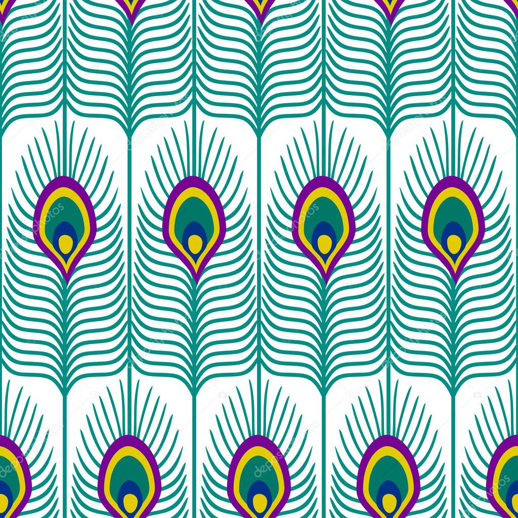 Seamless abstract pattern with peacock feather on white background. Close-up decorative texture with peacock feathers.