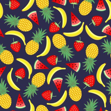 Seamless pattern with yellow bananas, pineapples and juicy strawberries on dark blue background