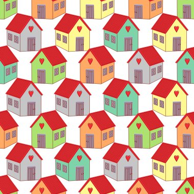 Seamless background with colorful houses. Home sweet home vector illustration on white background. Cute child drawing style pattern.