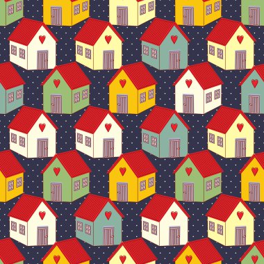 Seamless pattern with colorful houses on polka dots background.