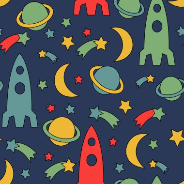 Seamless space pattern. Cosmic background with stars, planet, spaceship, rocket, moon