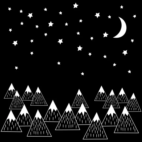 Ilustração vectorial noturna com montanhas geométricas nevadas, lua e estrelas. Impressão em preto e branco . — Vetor de Stock