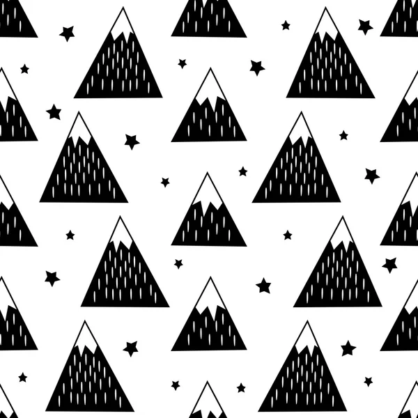 Seamless pattern with geometric snowy mountains and stars. Black and white nature illustration — Stockvector
