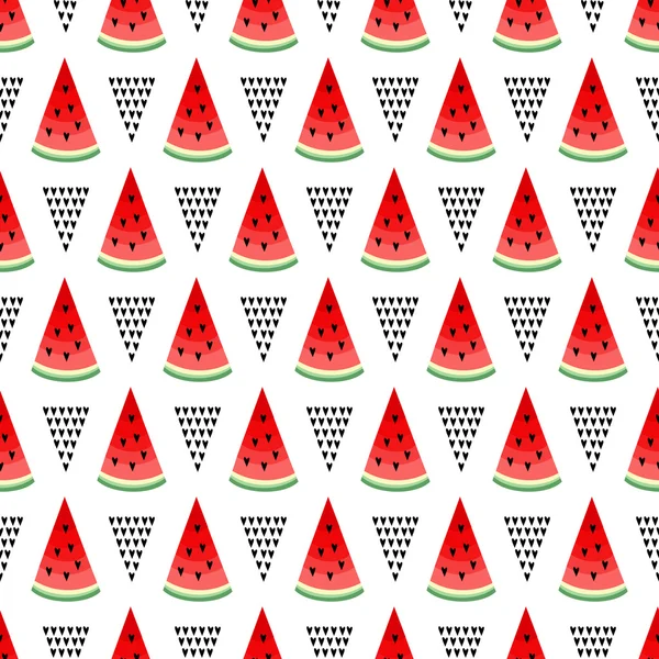 Seamless background with red watermelon slices and geometric shapes - triangles. — Stockvector