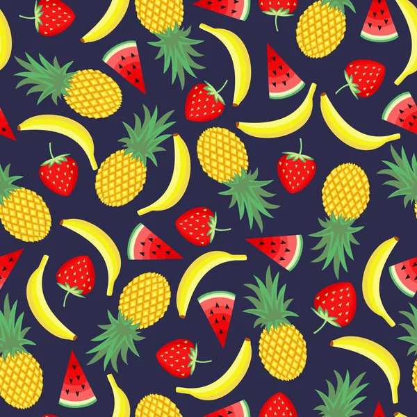 Seamless pattern with yellow bananas, pineapples and juicy strawberries on dark blue background — 图库矢量图片