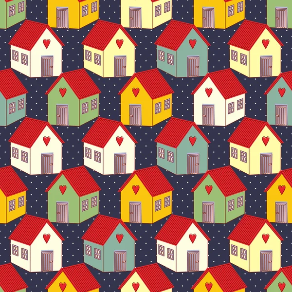 Seamless pattern with colorful houses on polka dots background. — Stock Vector