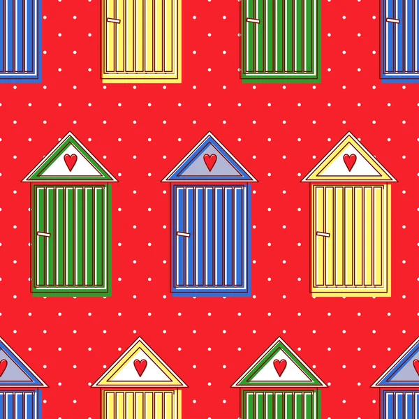 Seamless pattern with colorful french doors with hearts windows on red polka dot background. Cute winter holidays vector texture. Travel concept illustration. — Stok Vektör