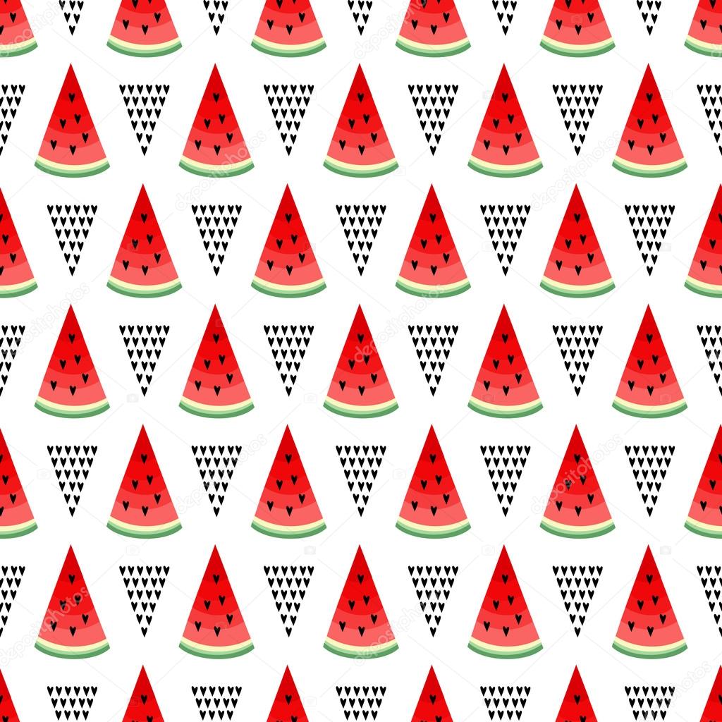 Seamless background with red watermelon slices and geometric shapes - triangles.