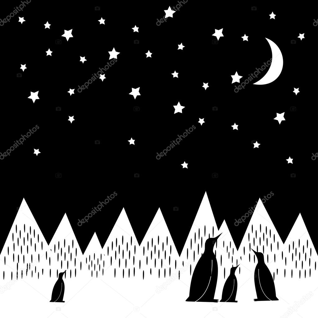 Arctic night vector illustration with penguins family, geometric snowy mountains, moon and stars. Black and white nature print.